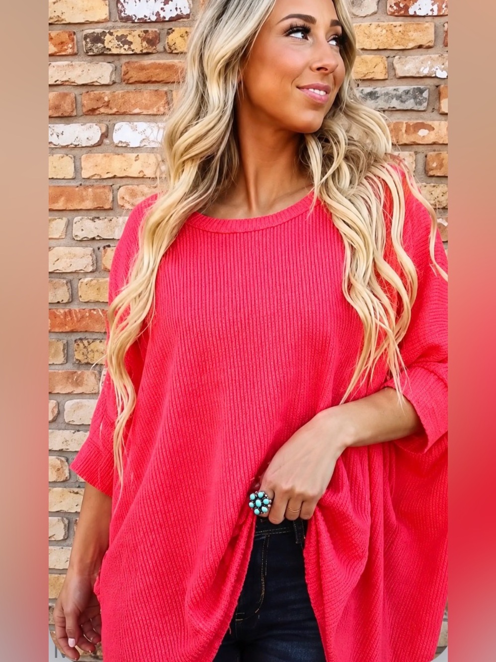Andree Oversized Ribbed Tunic in Bright Coral